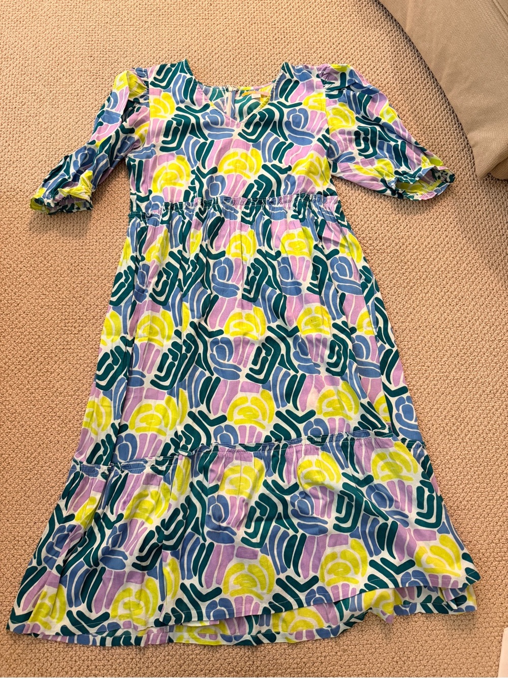 Abstract Floral Midi Dress in Yellow, Lilac & Teal